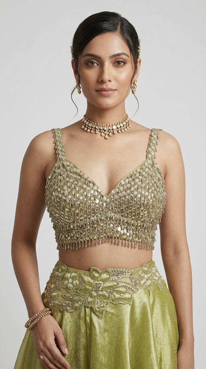 GREEN CRYSTAL EMBELLISHED CAPE LEHENGA SET
