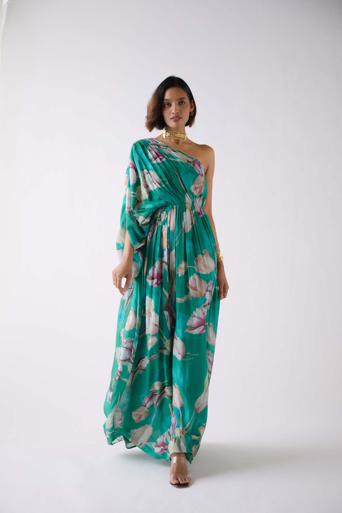 GREEN MUSLIN FLORAL DRESS