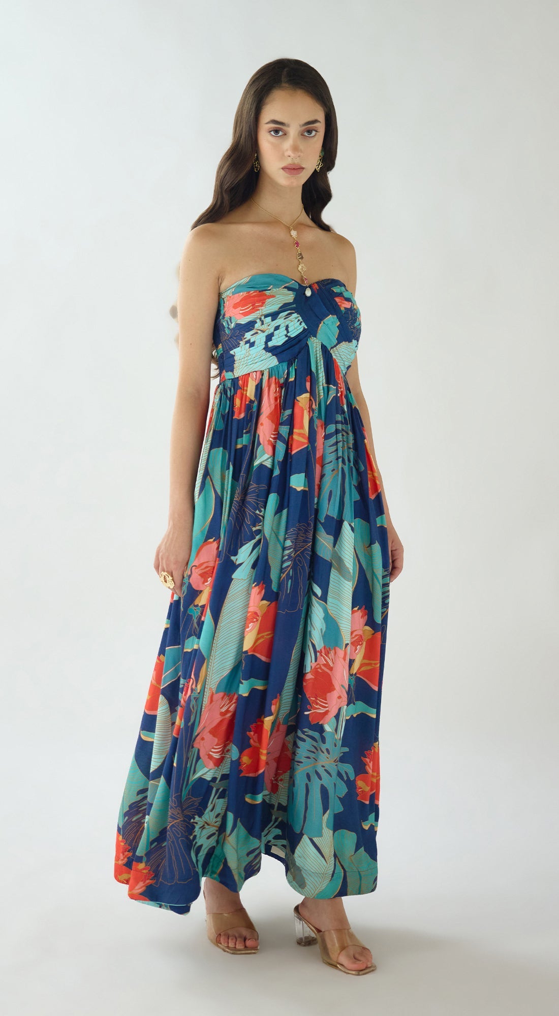 NAVY BLUE FLORAL STRAPLESS SUMMER DRESS