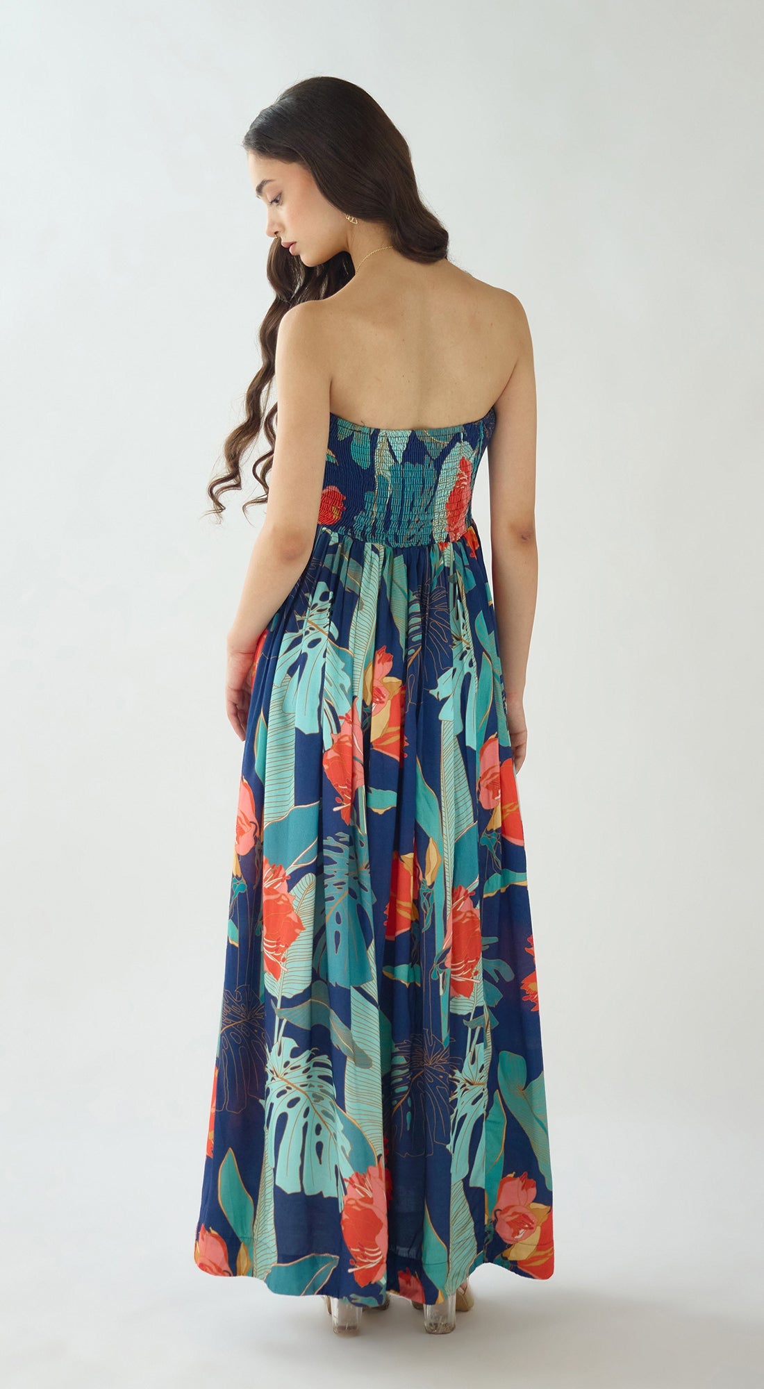 NAVY BLUE FLORAL STRAPLESS SUMMER DRESS