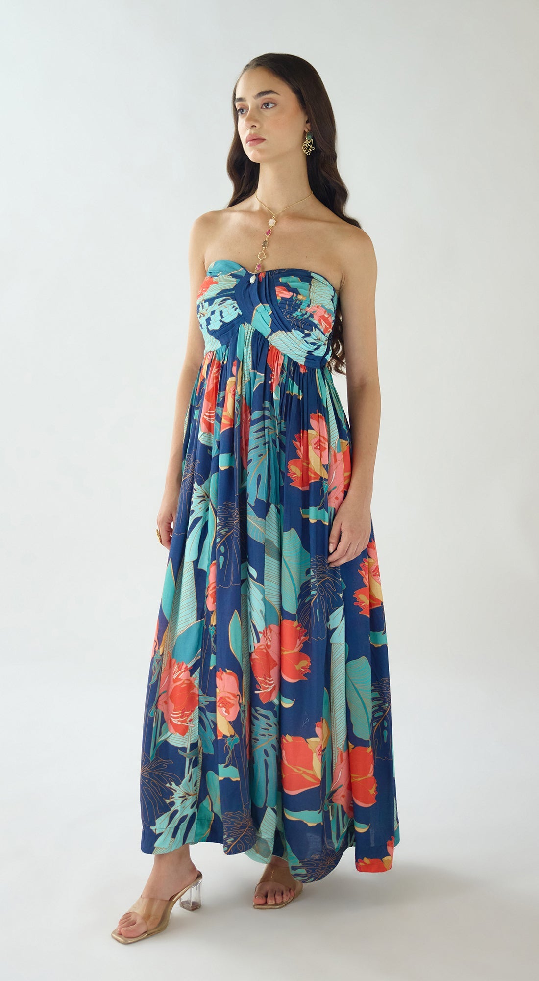 NAVY BLUE FLORAL STRAPLESS SUMMER DRESS
