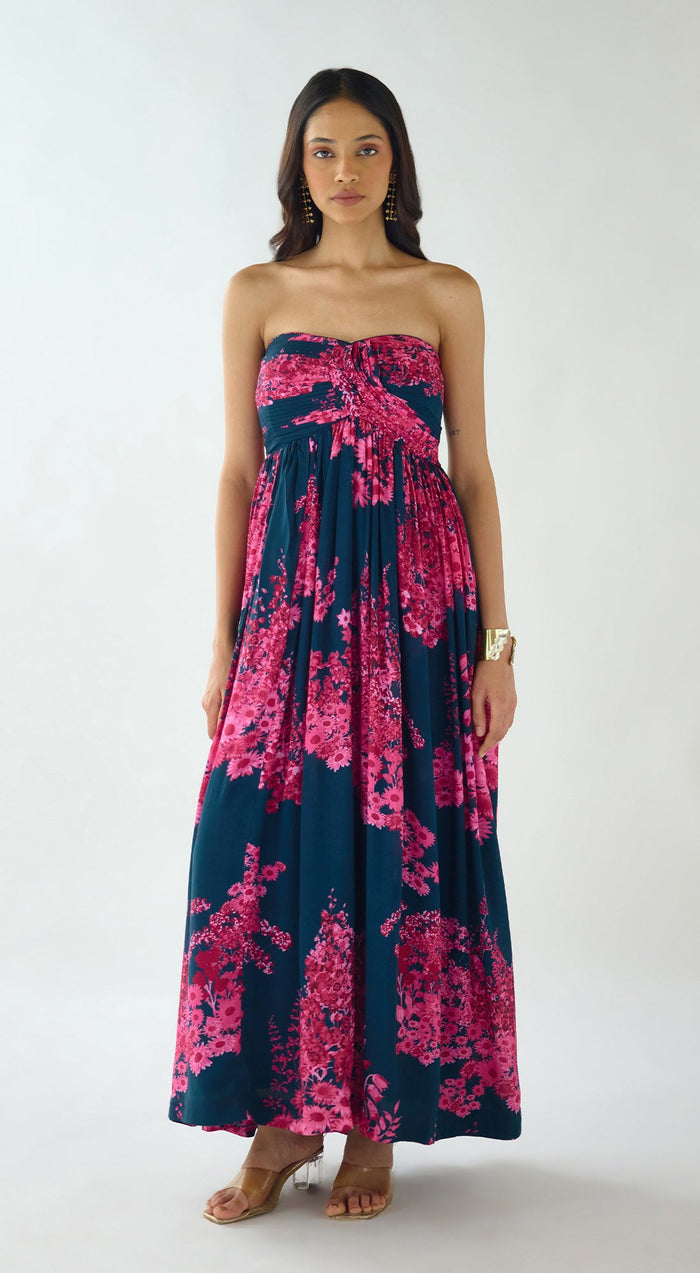 MULTICOLOR FLORAL STRAPLESS RESORT DRESS