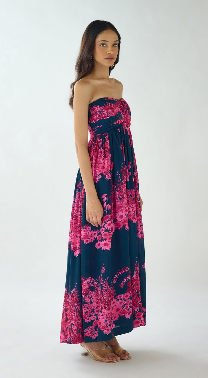 MULTICOLOR FLORAL STRAPLESS RESORT DRESS