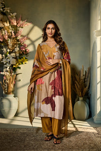 YELLOW SILK PRINTED KURTA SET WITH EMBROIDERY | Nishly Fashion House