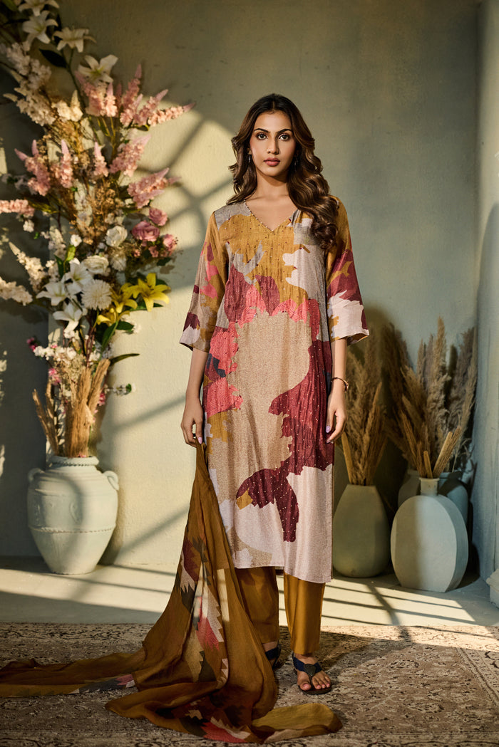 YELLOW SILK PRINTED KURTA SET WITH EMBROIDERY | Nishly Fashion House