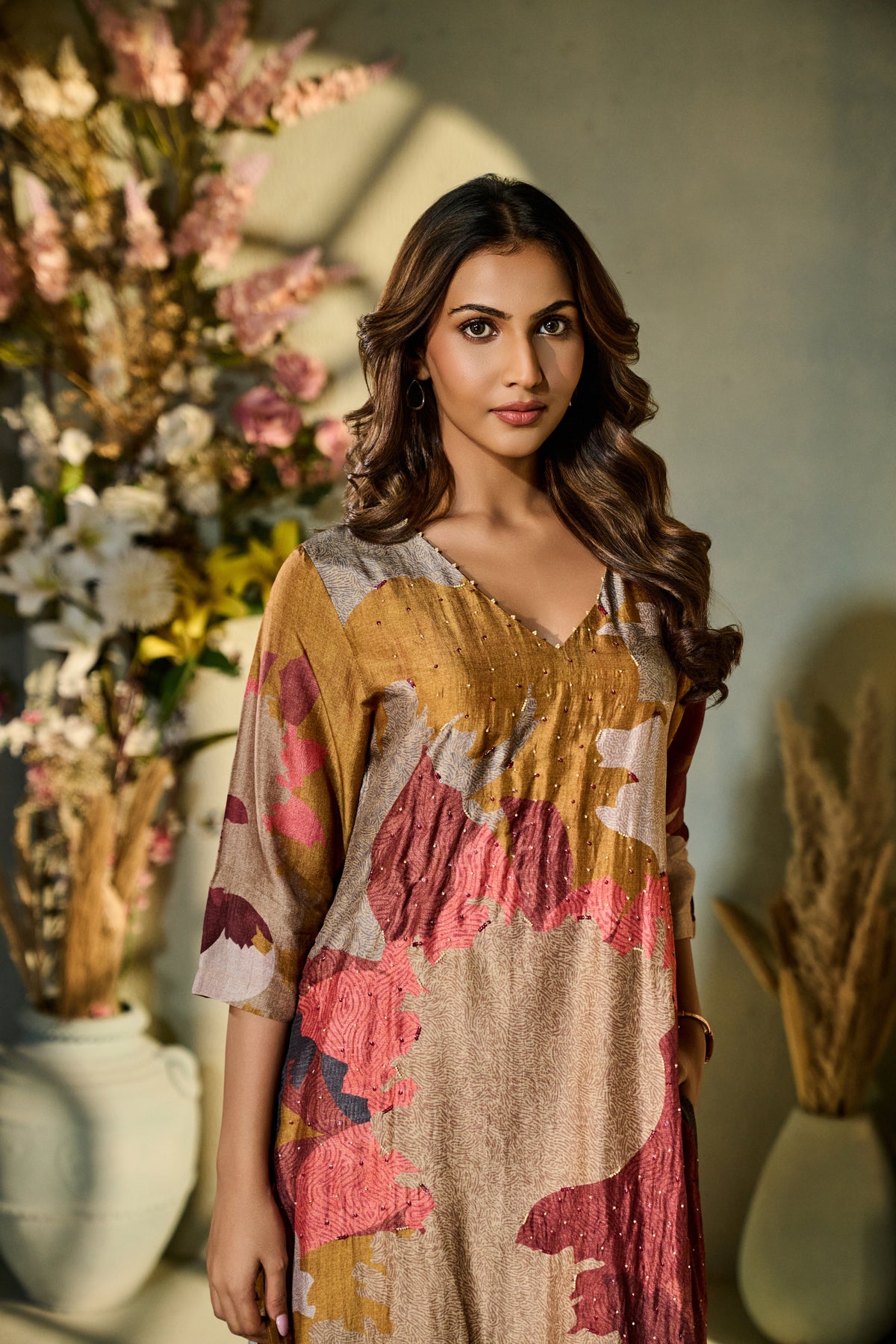 YELLOW SILK PRINTED KURTA SET WITH EMBROIDERY | Nishly Fashion House