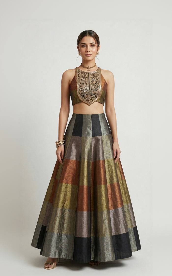 BROWN TISSUE SILK METALLIC LEHENGA SET WITH INTRICATE EMBROIDERY