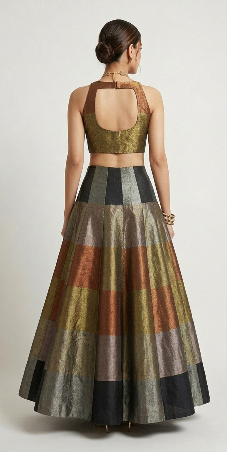 BROWN TISSUE SILK METALLIC LEHENGA SET WITH INTRICATE EMBROIDERY