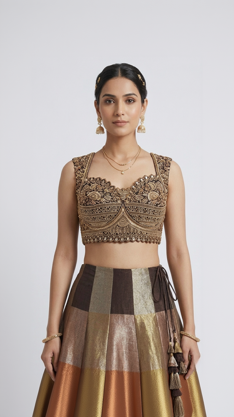 BROWN TISSUE SILK EMBROIDERED METALLIC LEHENGA SET