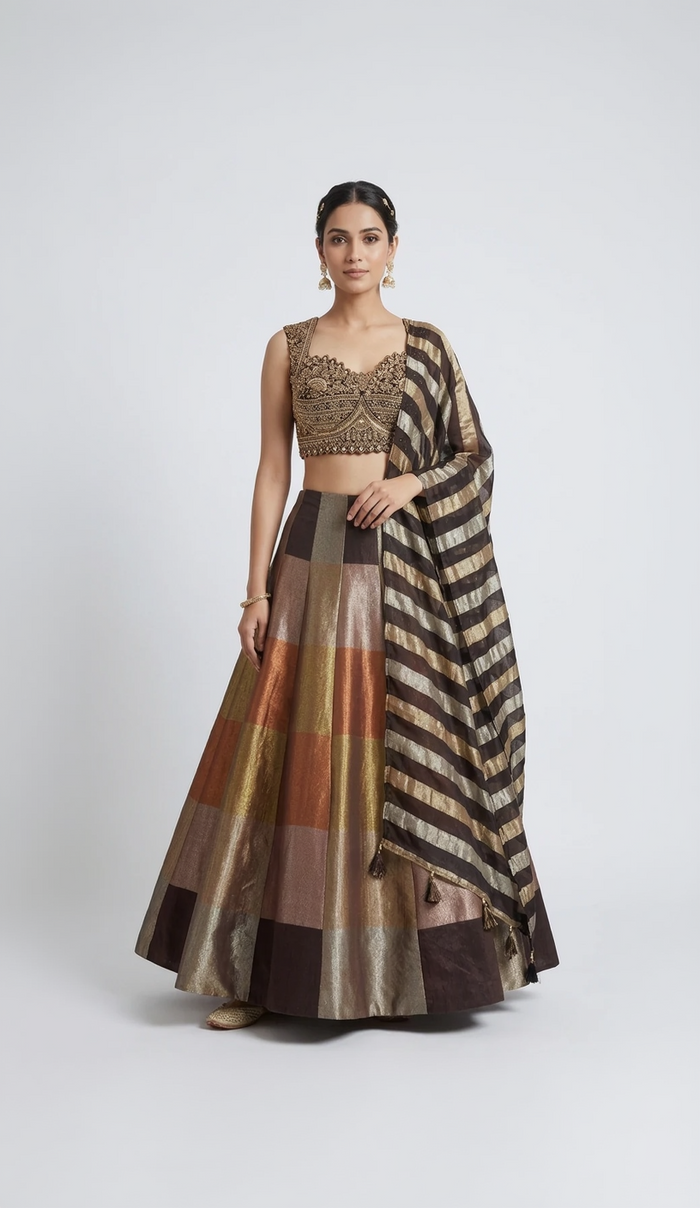 BROWN TISSUE SILK EMBROIDERED METALLIC LEHENGA SET