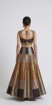 BROWN TISSUE SILK EMBROIDERED METALLIC LEHENGA SET
