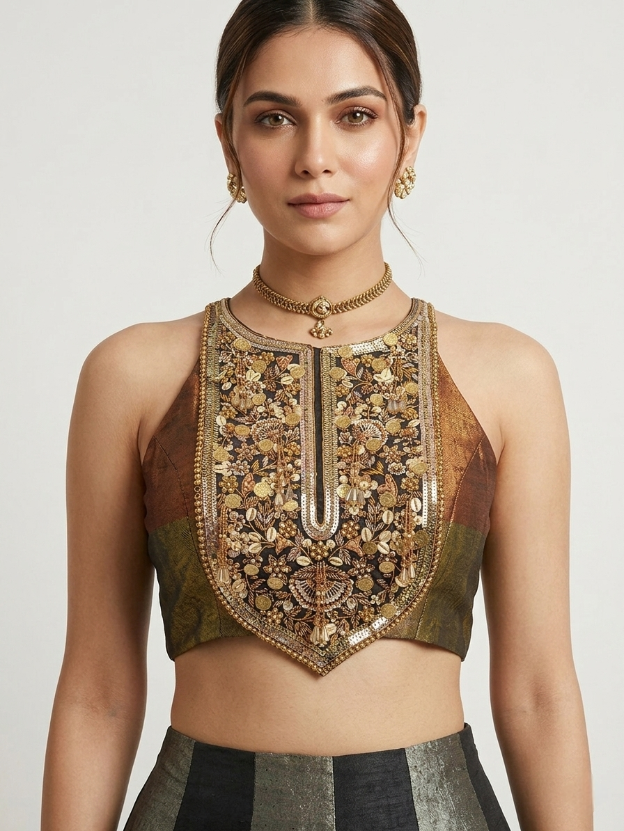 BROWN TISSUE SILK METALLIC LEHENGA SET WITH INTRICATE EMBROIDERY