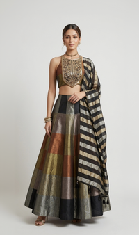 BROWN TISSUE SILK METALLIC LEHENGA SET WITH INTRICATE EMBROIDERY
