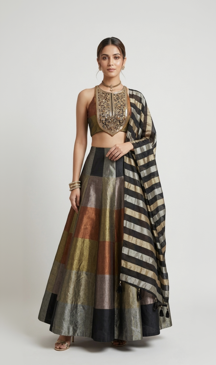 BROWN TISSUE SILK METALLIC LEHENGA SET WITH INTRICATE EMBROIDERY