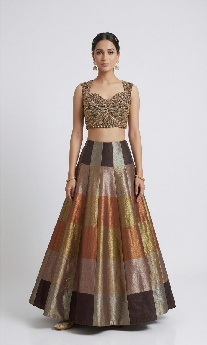 BROWN TISSUE SILK EMBROIDERED METALLIC LEHENGA SET