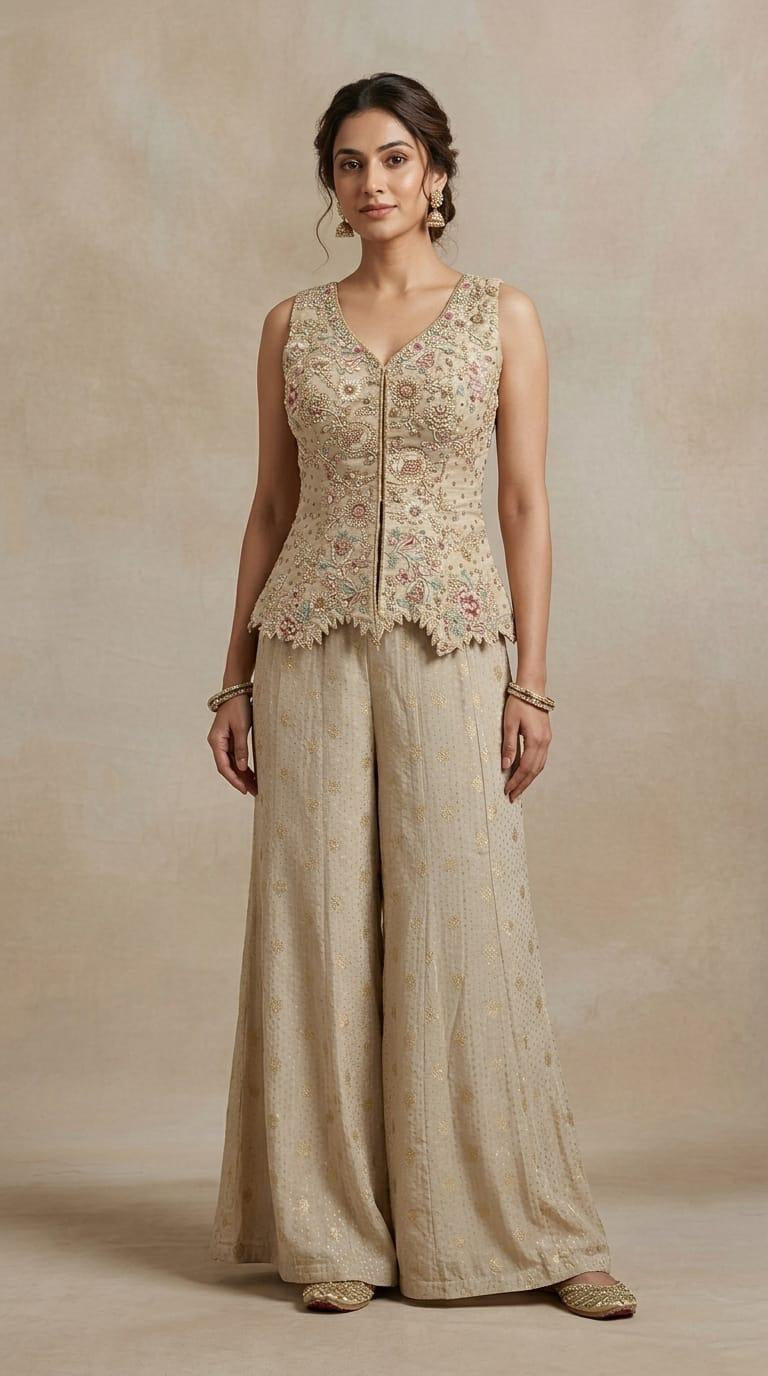 Designer cream tissue silk sharara suit with sequin work for wedding guest and reception wear