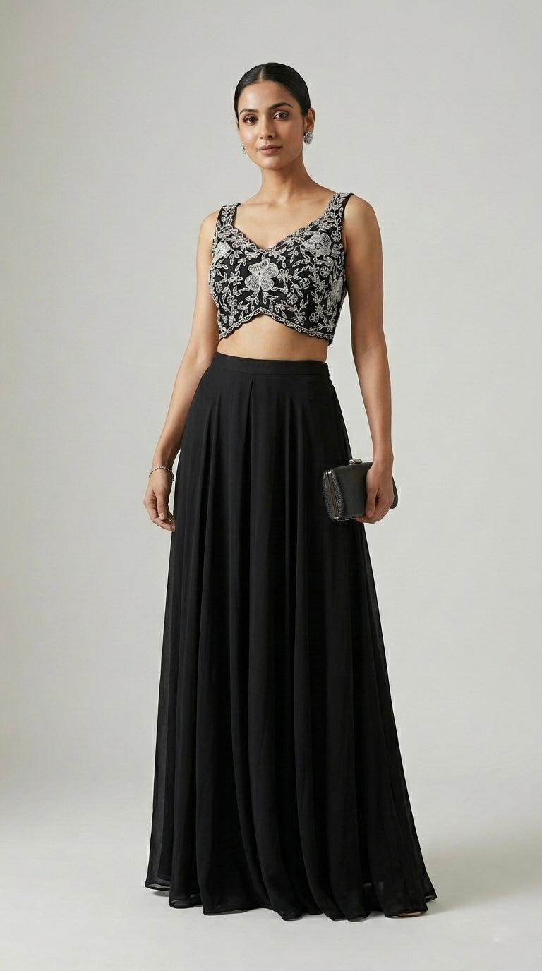 BLACK EMBROIDERED CAPE STYLE SET