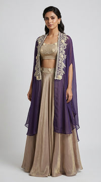 PURPLE EMBELLISHED TISSUE SILK CAPE SET