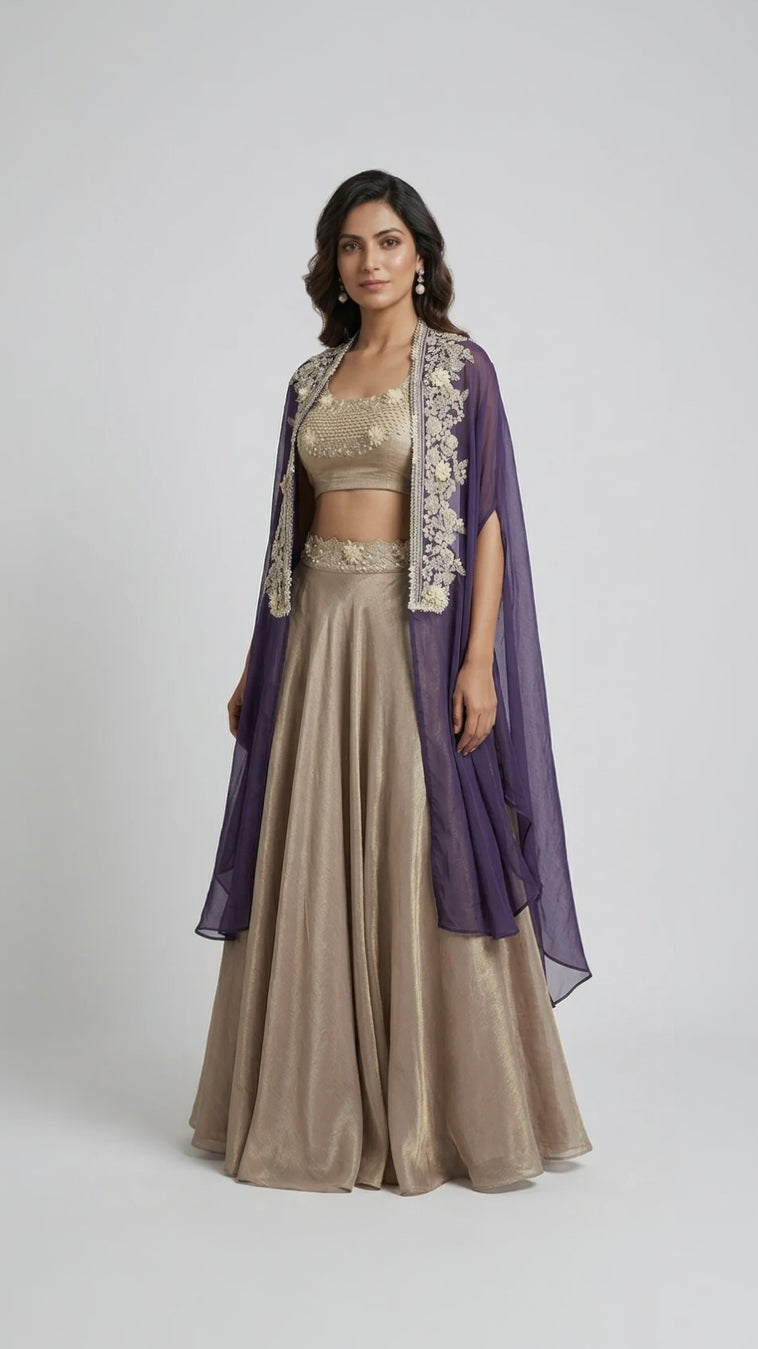 PURPLE EMBELLISHED TISSUE SILK CAPE SET