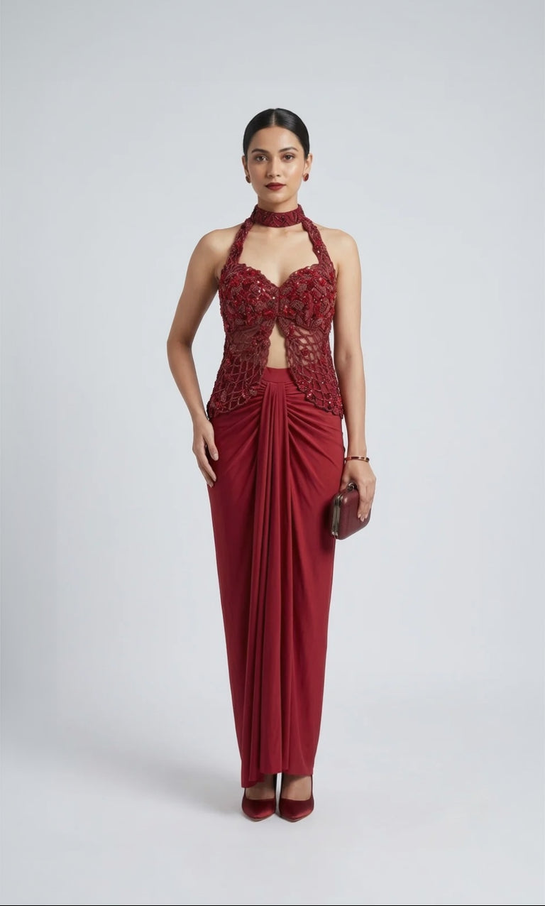RED EMBROIDERED HALTER NECK TOP AND PLEATED SKIRT INDOWESTERN SET