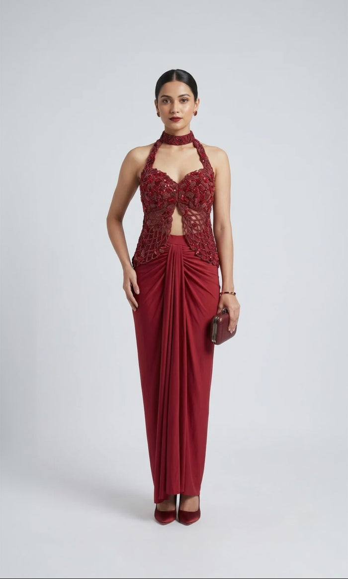 RED EMBROIDERED HALTER NECK TOP AND PLEATED SKIRT INDOWESTERN SET