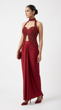 RED EMBROIDERED HALTER NECK TOP AND PLEATED SKIRT INDOWESTERN SET