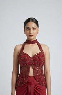 RED EMBROIDERED HALTER NECK TOP AND PLEATED SKIRT INDOWESTERN SET