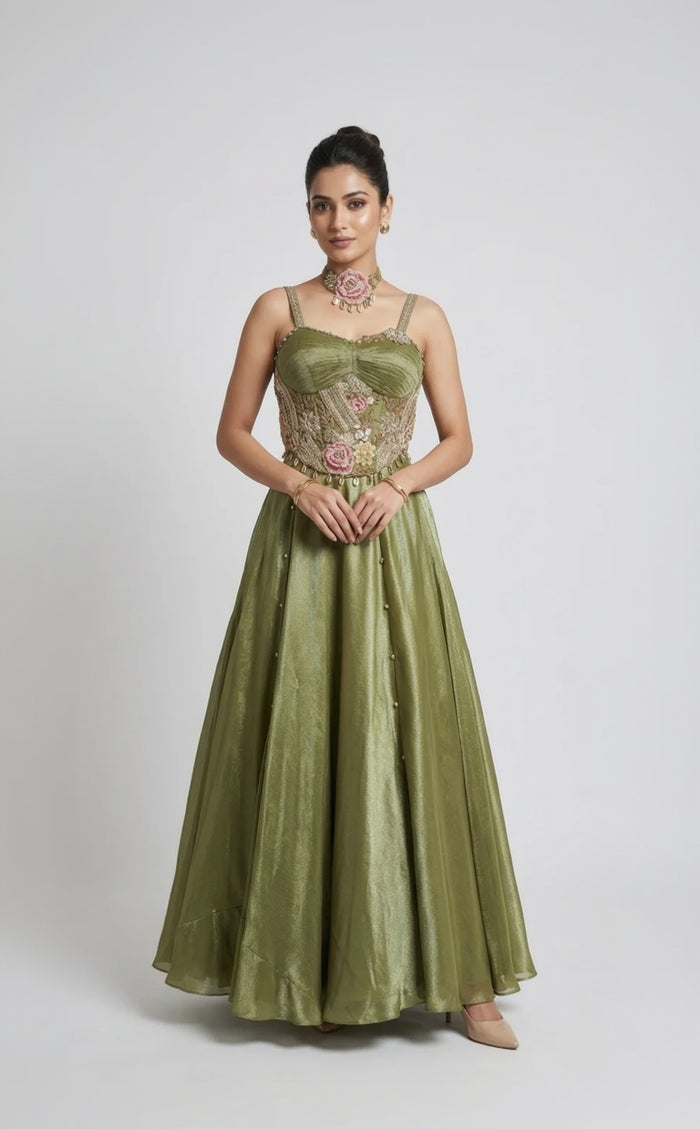 GREEN CORSET EMBROIDERED TISSUE LEHENGA SET