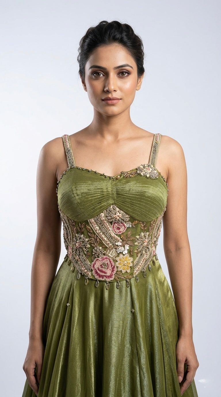 GREEN CORSET EMBROIDERED TISSUE LEHENGA SET