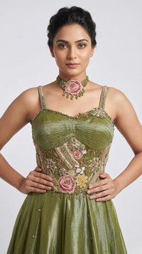 GREEN CORSET EMBROIDERED TISSUE LEHENGA SET