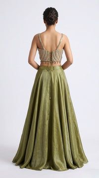 GREEN CORSET EMBROIDERED TISSUE LEHENGA SET