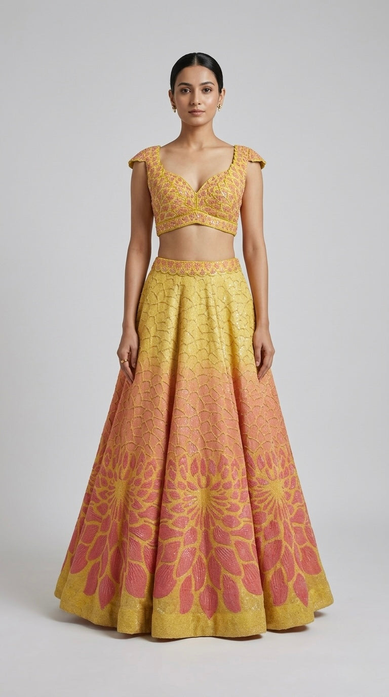 YELLOW SEQUINS EMBROIDERED LEHENGA SET