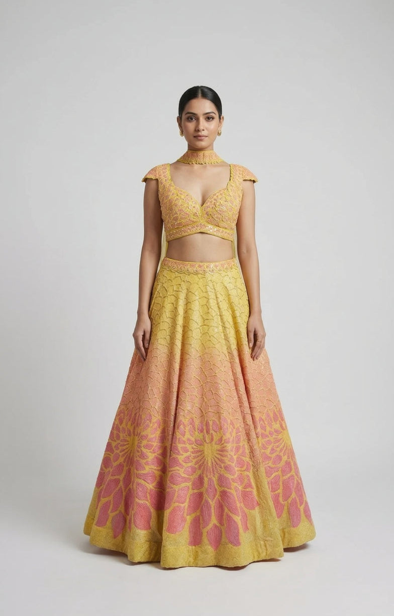 YELLOW SEQUINS EMBROIDERED LEHENGA SET