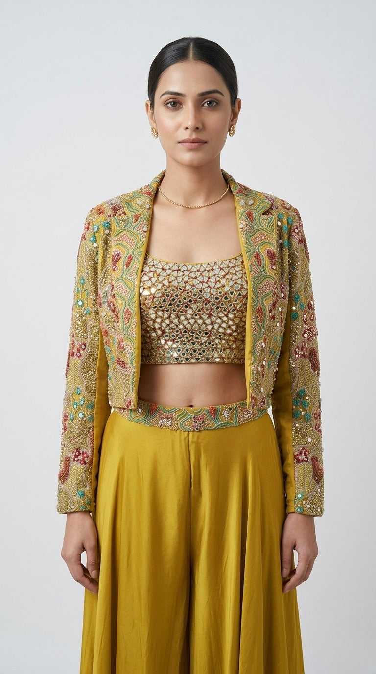 YELLOW MIRROR EMBROIDERED SHARARA SET WITH BLAZER