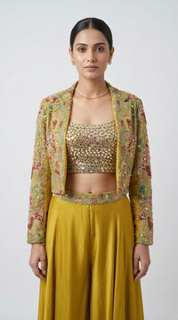 YELLOW MIRROR EMBROIDERED SHARARA SET WITH BLAZER
