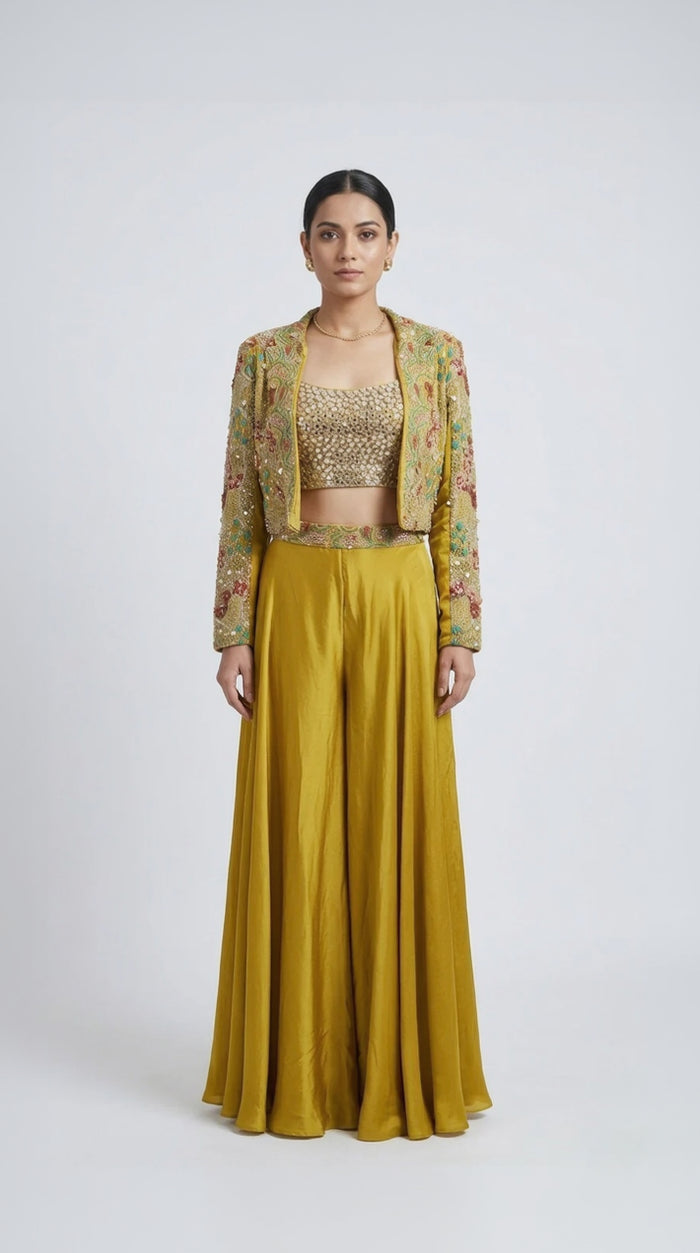 YELLOW MIRROR EMBROIDERED SHARARA SET WITH BLAZER