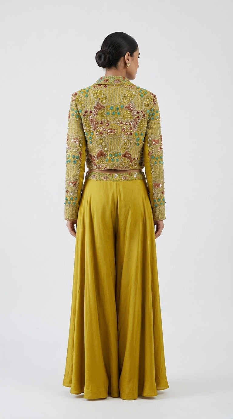 YELLOW MIRROR EMBROIDERED SHARARA SET WITH BLAZER