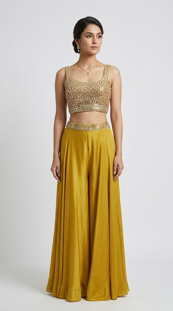 YELLOW MIRROR EMBROIDERED SHARARA SET WITH BLAZER