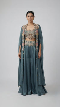 BLUE EMBROIDERED INDOWESTERN CAPE AND PALAZZO SET