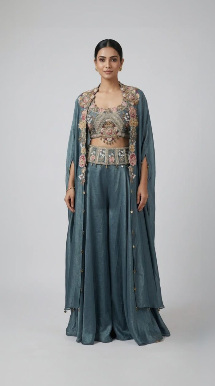 BLUE EMBROIDERED INDOWESTERN CAPE AND PALAZZO SET
