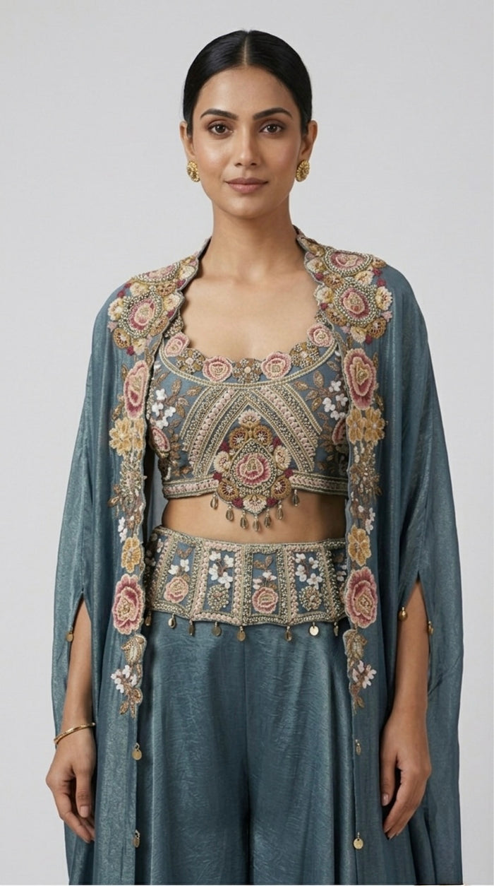 BLUE EMBROIDERED INDOWESTERN CAPE AND PALAZZO SET