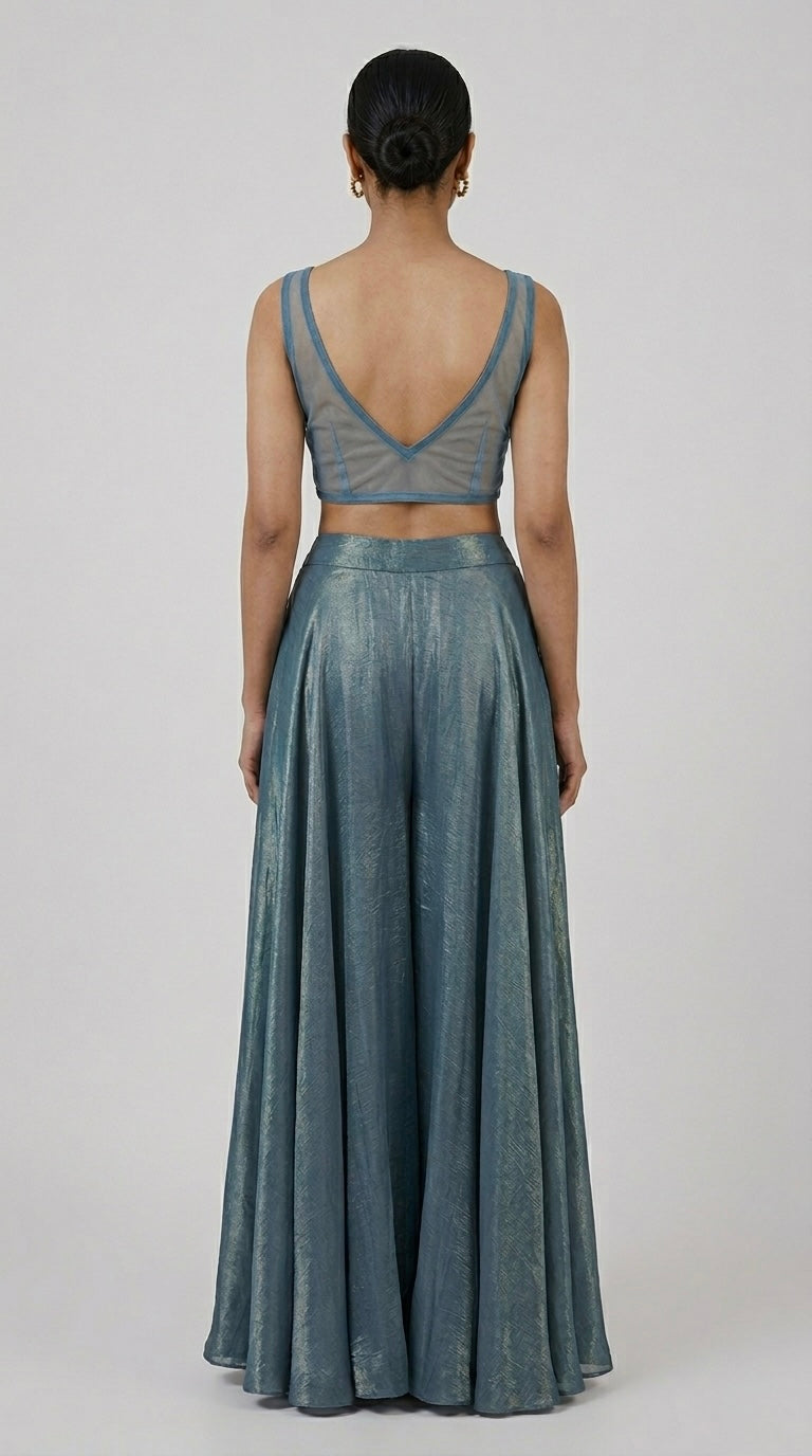 BLUE EMBROIDERED INDOWESTERN CAPE AND PALAZZO SET