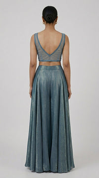 BLUE EMBROIDERED INDOWESTERN CAPE AND PALAZZO SET
