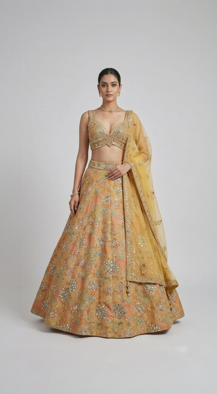YELLOW MIRROR EMBROIDERED LEHENGA CHOLI SET