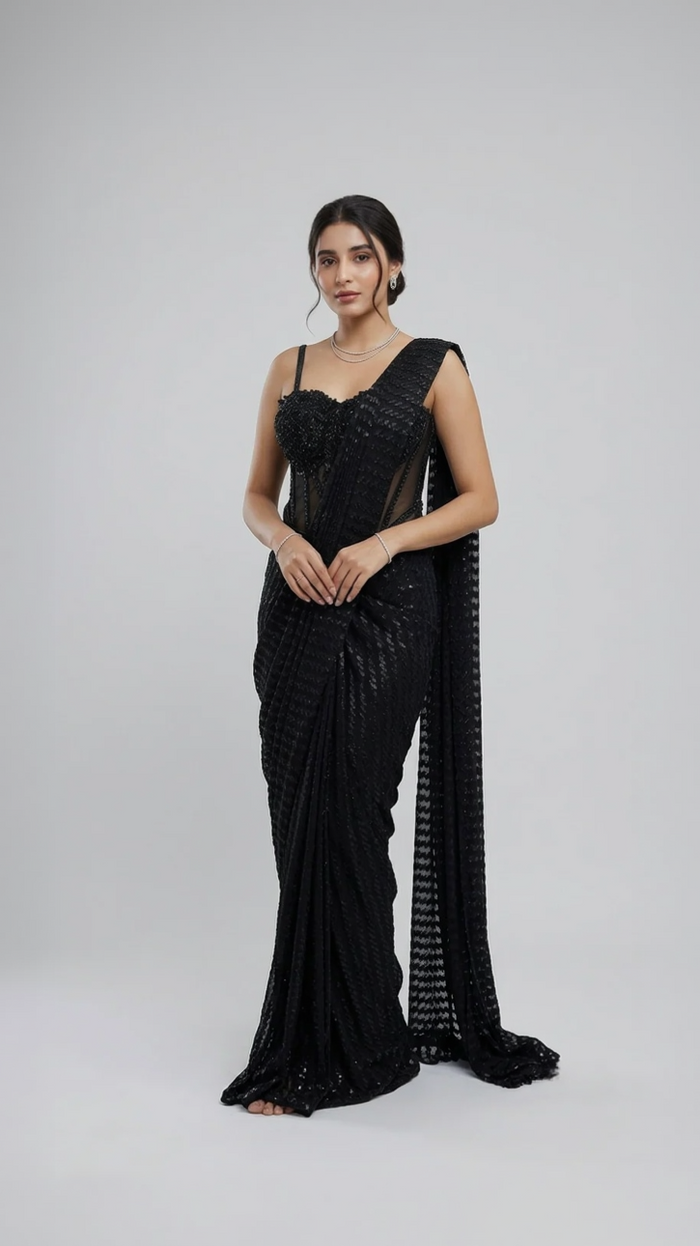 BLACK CORSET READY TO WEAR SAREE SET