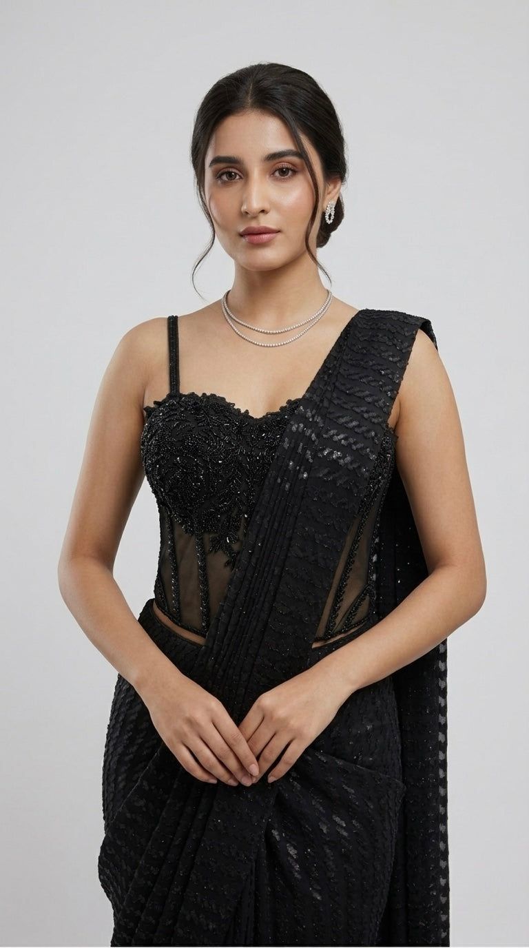 BLACK CORSET READY TO WEAR SAREE SET