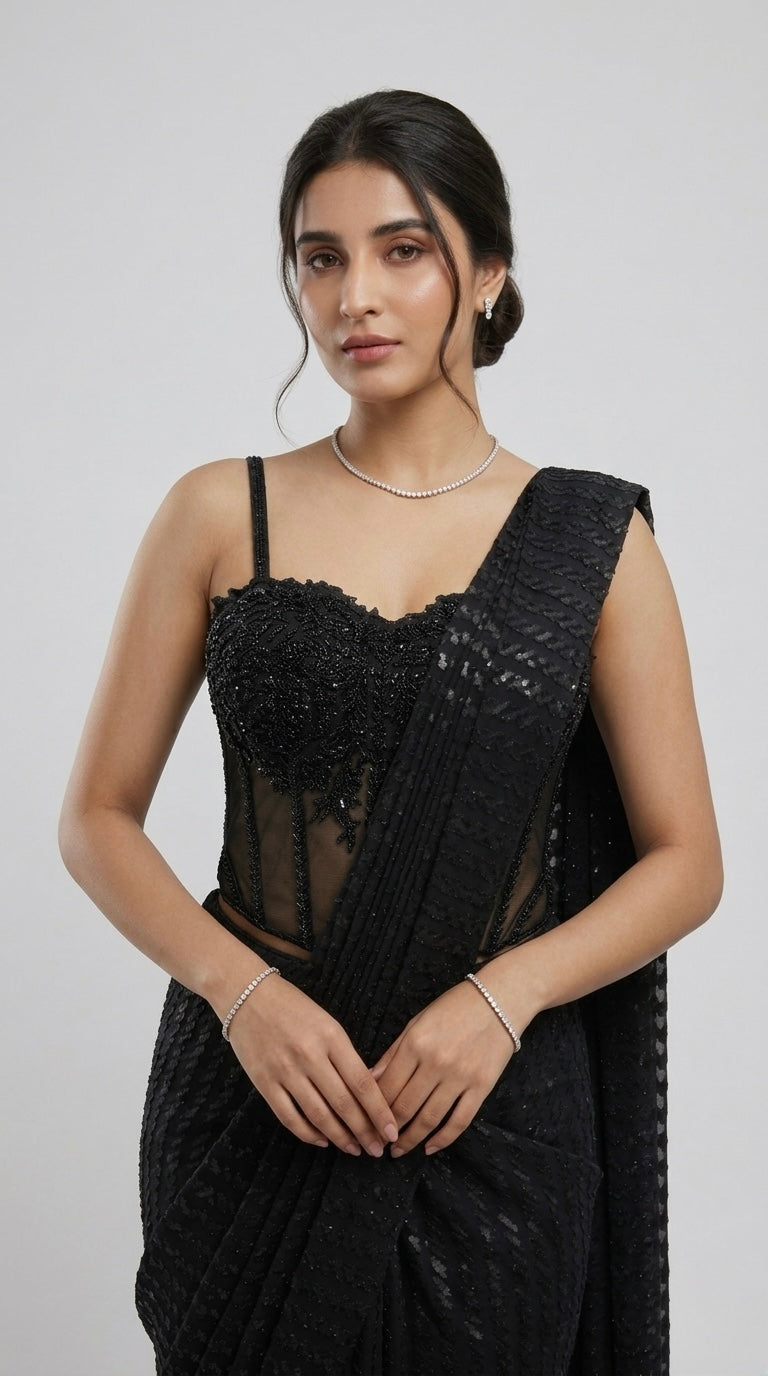 BLACK CORSET READY TO WEAR SAREE SET
