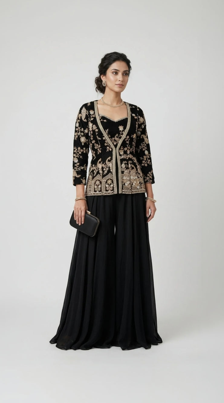 BLACK JACKET SHARARA SUIT SET