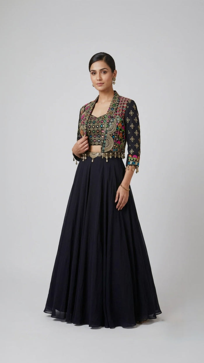 BLACK EMBROIDERED BLAZER LEHENGA SET