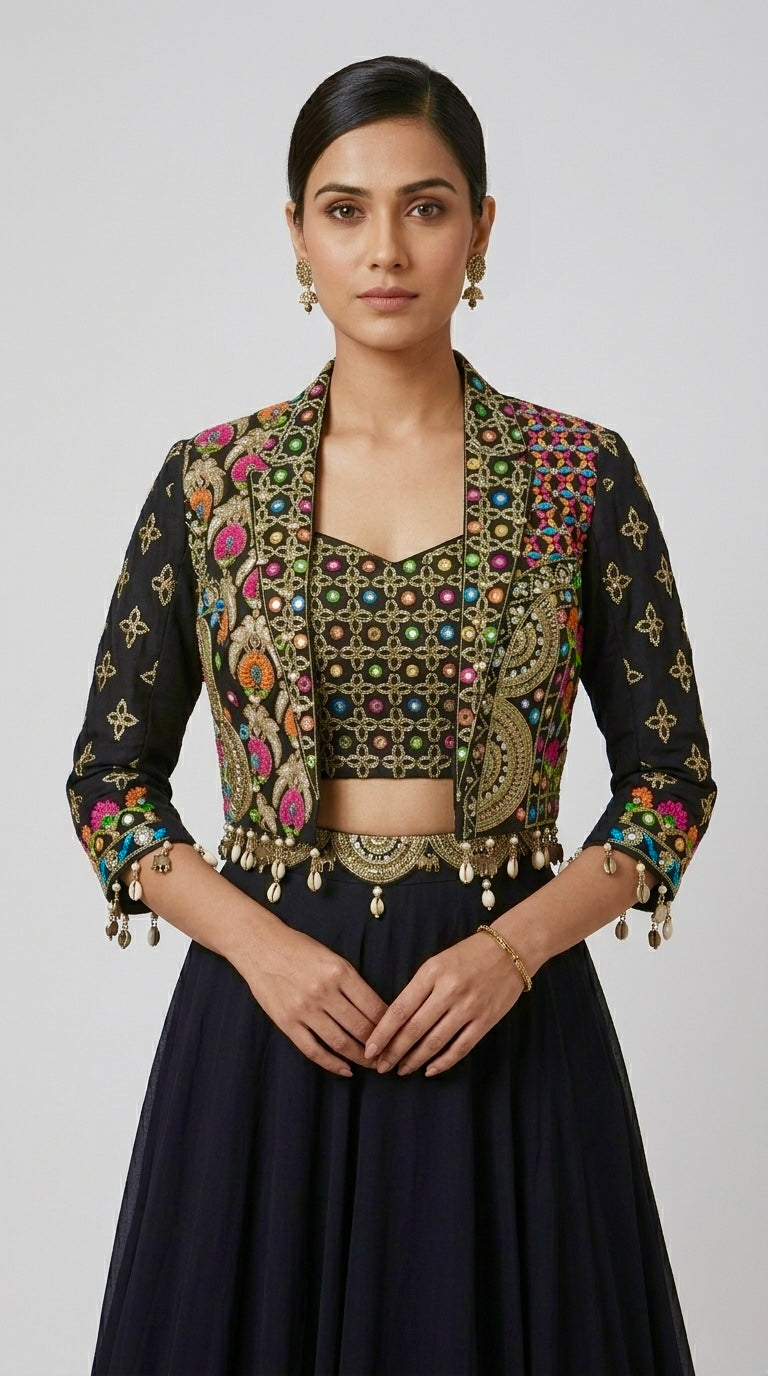 BLACK EMBROIDERED BLAZER LEHENGA SET